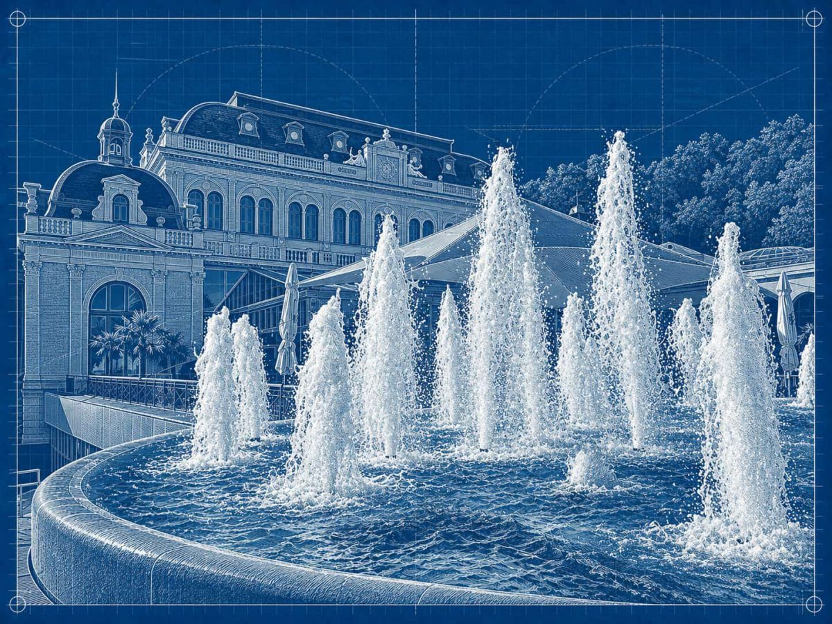 Das Kurhaus in Baden mit dem Congress Center und dem Casino im Blaupausen-Stil, davor die Wasserfontänen des Brunnens