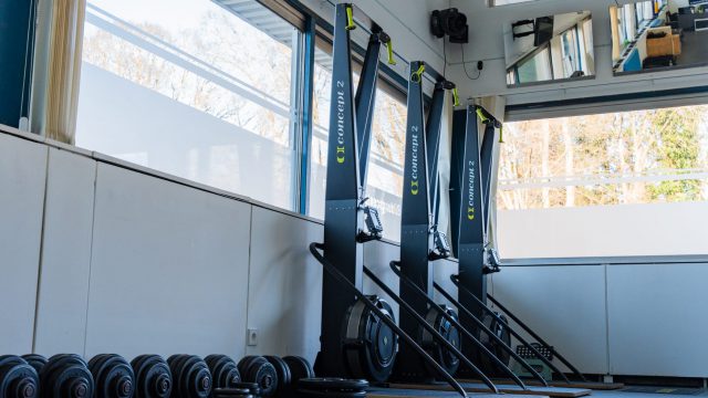 Drei Ski-Ergometer an der Fensterfront im Studio FIT FÜR ALLE in Wienersdorf, davor eine Reihe Kurzhanteln auf dem Boden