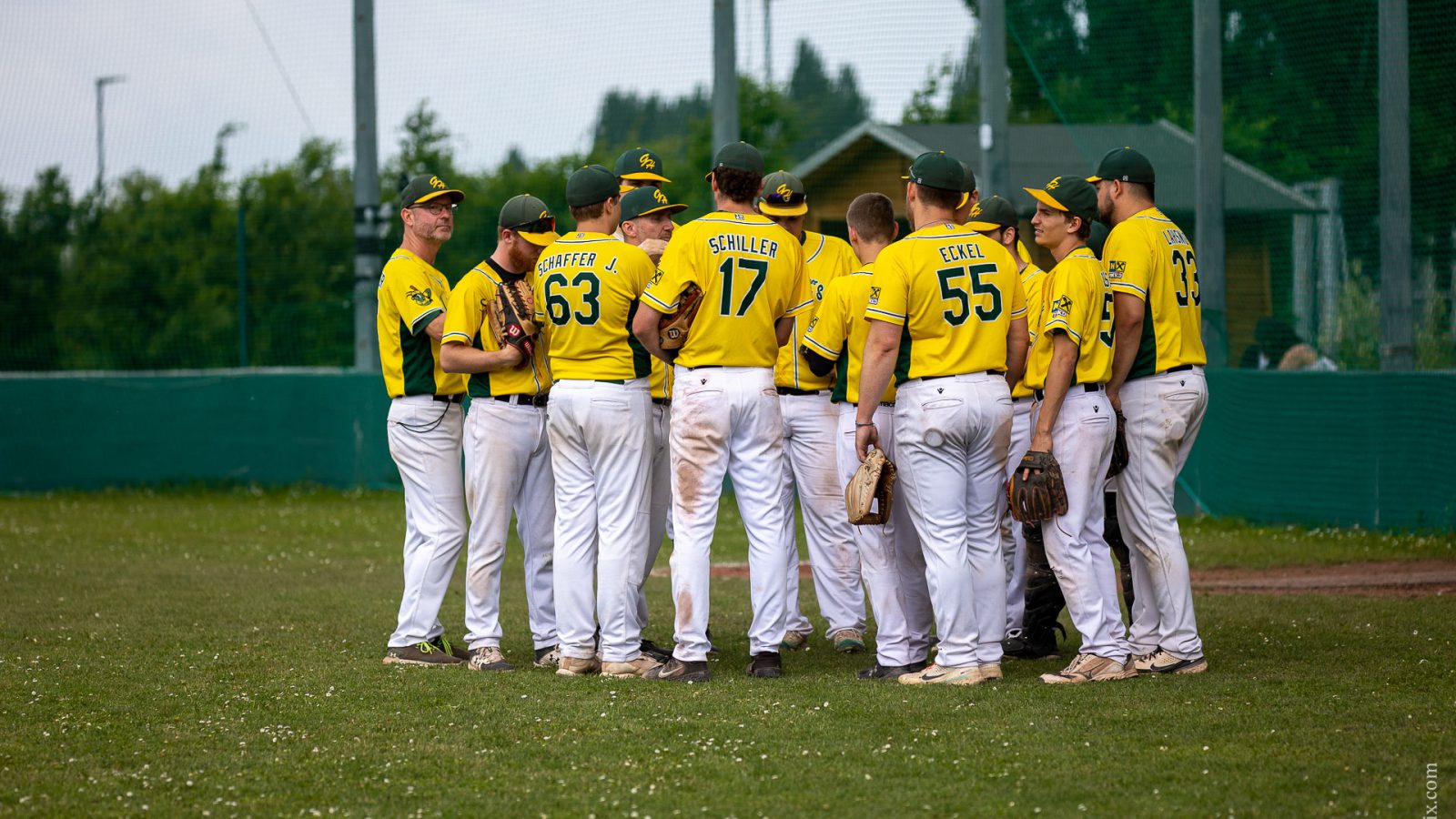 Spieler der Grasshoppers Traiskirchen in gelben Trikots und weißen Hosen stehen auf dem Spielfeld zur Besprechung zusammen