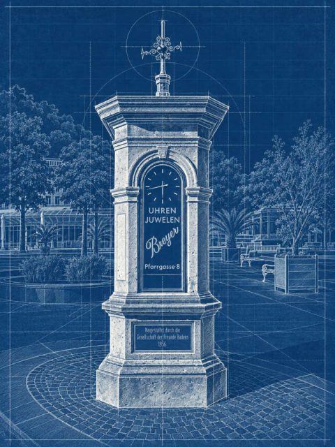 Die Uhrensäule von Juwelier Breyer im Blaupausen-Stil: Steinsäule mit Zifferblatt, dem Schriftzug „Uhren Juwelen Breyer, Pfarrgasse 8" und einem schmiedeeisernen Aufsatz