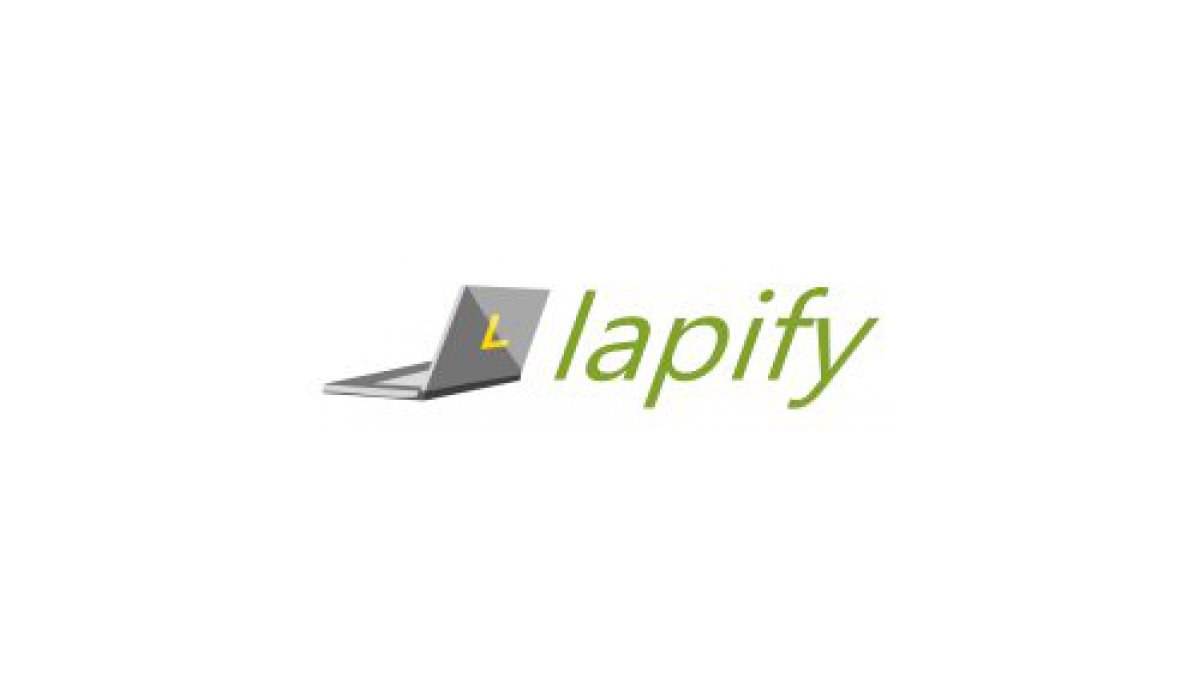 Logo von Lapify: ein aufgeklapptes graues Notebook mit gelbem L auf dem Deckel, daneben der Schriftzug „lapify" in Grün