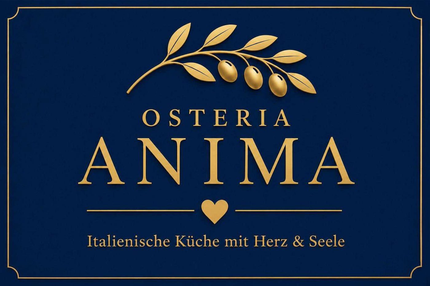 Logo der Osteria Anima: goldener Olivenzweig mit drei Oliven über dem Schriftzug „Osteria Anima" auf dunkelblauem Grund, darunter „Italienische Küche mit Herz & Seele"