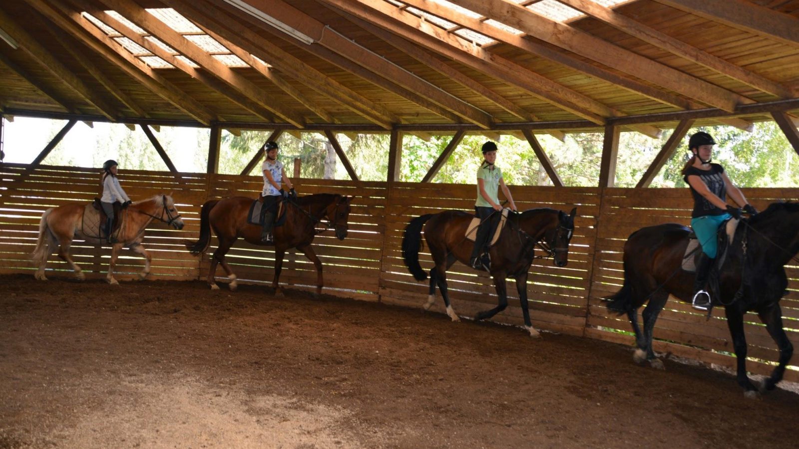 Reitstunde am Kiebitzhof in Baden: vier Reiterinnen mit Helm im Schritt im überdachten Roundpen mit Holzbande