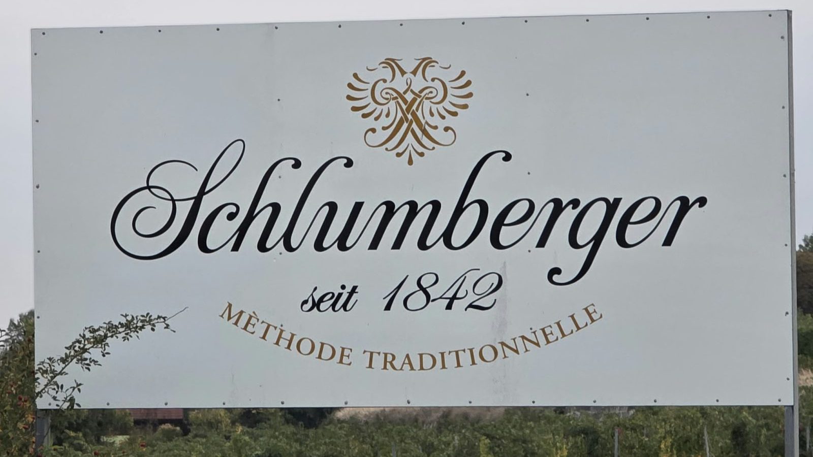 Grosse Hinweistafel am Rand eines Weingartens mit dem Schriftzug „Schlumberger“ in geschwungener Schrift, darunter „seit 1842“ und „Méthode traditionnelle“, darüber das verschlungene Zeichen des Hauses in Gold