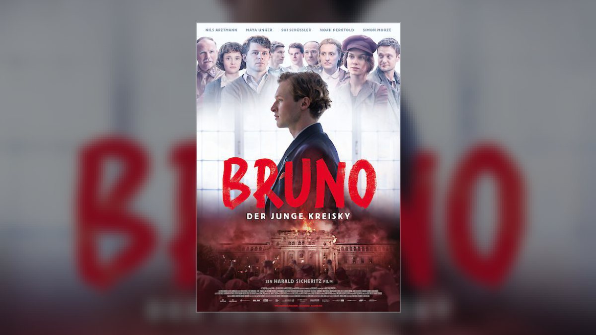 Filmplakat „Bruno – Der junge Kreisky“: ein junger Mann im Profil, darüber Gesichter des Ensembles, unten ein Gebäude in Flammen und eine Menschenmenge