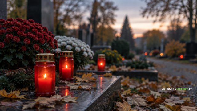 Symbolbild: rote Grablichter und Chrysanthemen auf einem Grab in der Abenddämmerung, Herbstlaub am Boden