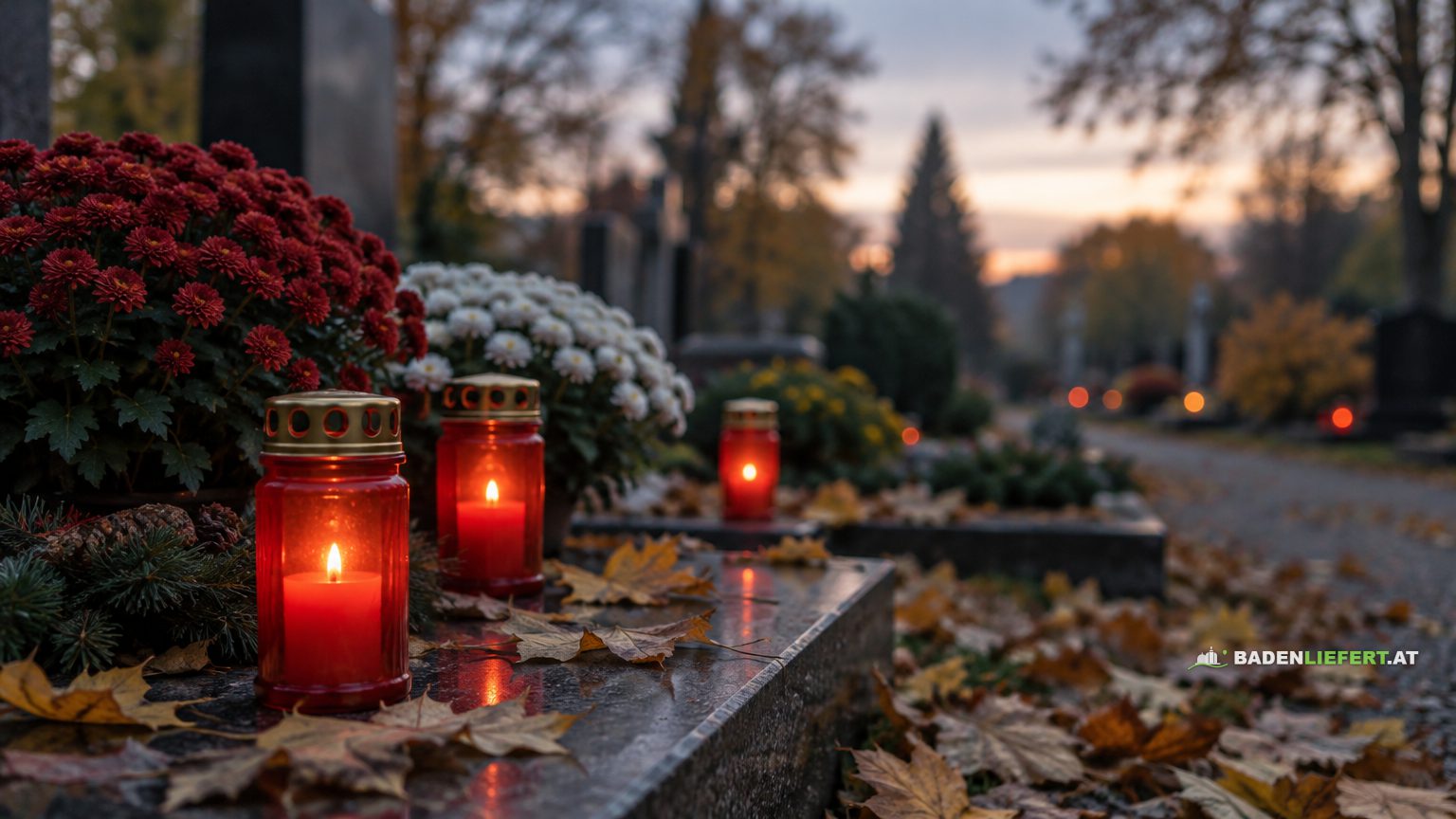 Symbolbild: rote Grablichter und Chrysanthemen auf einem Grab in der Abenddämmerung, Herbstlaub am Boden