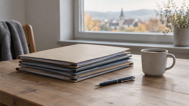 Symbolbild: Stapel unbeschrifteter Mappen, Kugelschreiber und Kaffeetasse auf einem Holztisch vor einem Fenster im Herbstlicht