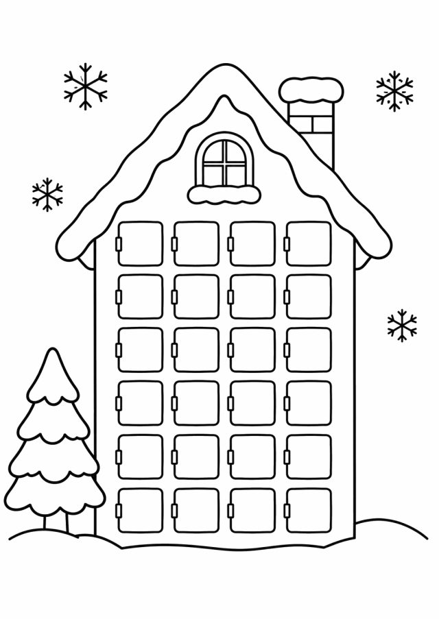 Ausmalbild: ein hohes Haus mit Schnee auf dem Dach und Schornstein, an der Vorderseite 24 leere Fensterklappen, daneben eine Tanne und Schneeflocken
