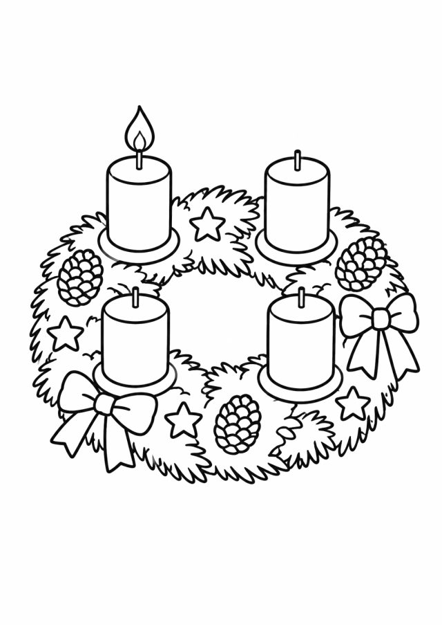 Ausmalbild: ein runder Adventkranz aus Tannenzweigen mit vier dicken Kerzen, eine davon brennt, dazu Schleifen, Tannenzapfen und Sterne