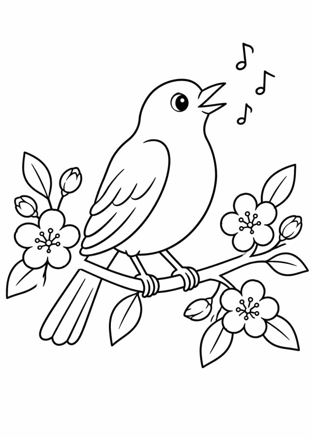 Ausmalbild: eine singende Amsel sitzt auf einem Zweig mit Blüten, Knospen und Blättern, daneben drei Musiknoten