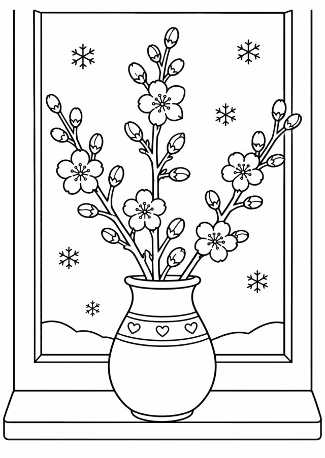 Ausmalbild: eine bauchige Vase mit Herzen auf einem Fensterbrett, darin Kirschzweige mit Knospen und Blüten, draußen Schneeflocken