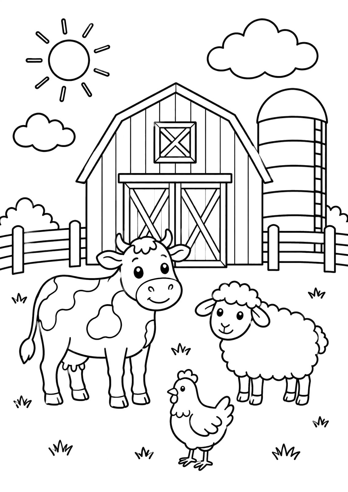 Ausmalbild: eine große Scheune mit Tor und ein Silo mit Leiter hinter einem Holzzaun, davor eine gefleckte Kuh, ein Schaf und ein Huhn, am Himmel Sonne und Wolken