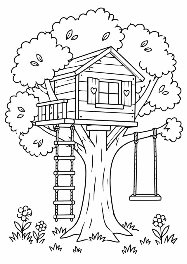 Ausmalbild: ein Baumhaus aus Holzbrettern mit Satteldach, Fenster mit Herz-Fensterläden und kleinem Balkon in einem großen Laubbaum, links eine Strickleiter, rechts eine Schaukel am Ast, unten Blumen und Gras