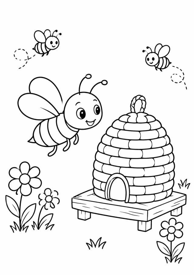 Ausmalbild: eine lachende Biene fliegt zu einem geflochtenen Bienenkorb auf einem Holzbrett, zwei kleine Bienen in der Luft, Blumen im Gras