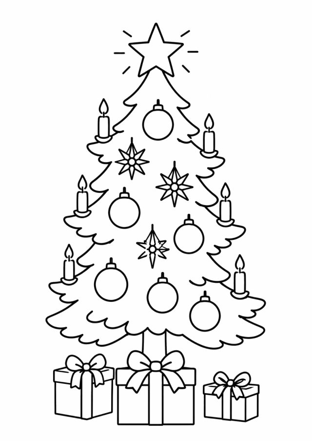 Ausmalbild: ein geschmückter Christbaum mit Stern an der Spitze, Kugeln, Strohsternen und Kerzen, darunter drei Geschenke mit Schleifen