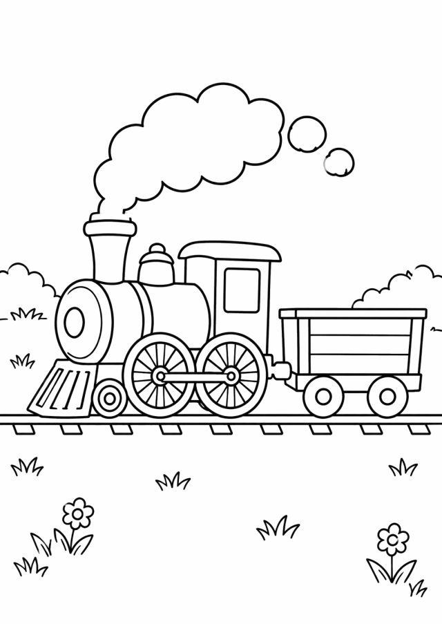 Ausmalbild: eine kleine Dampflokomotive mit Speichenrädern und einer Rauchwolke zieht einen offenen Wagen auf Schienen über eine Wiese