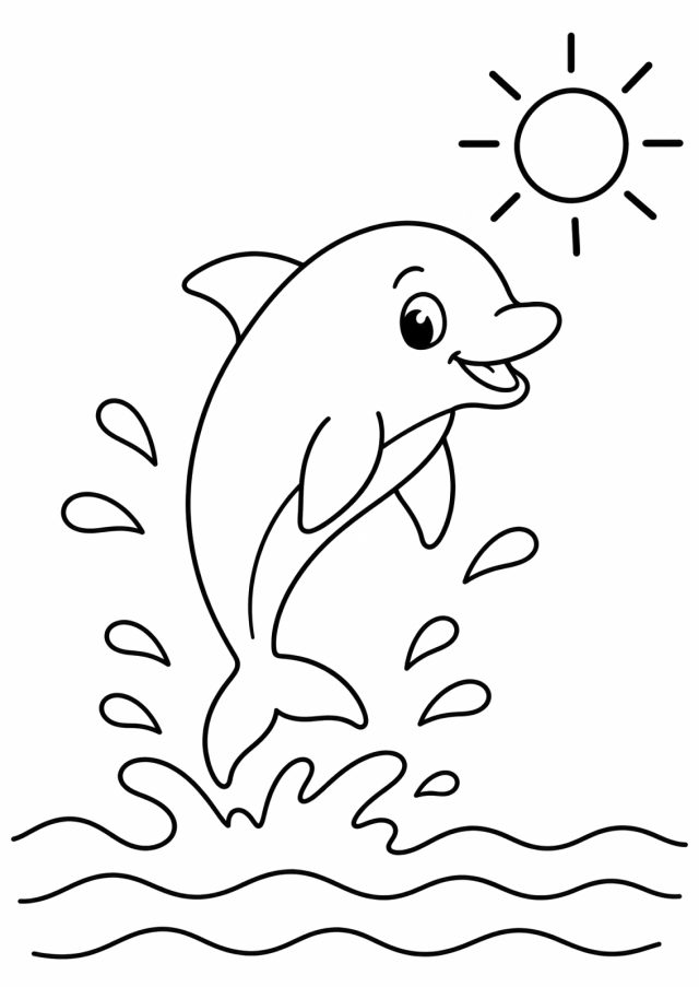 Ausmalbild: ein lächelnder Delfin springt im Bogen aus den Wellen, Wassertropfen spritzen, oben eine Sonne