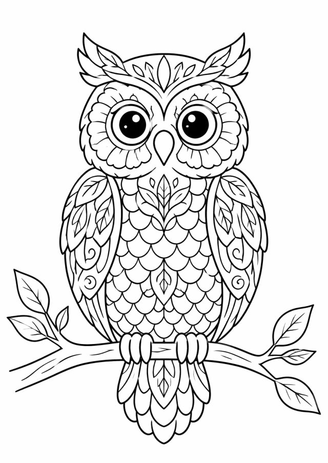 Ausmalbild: eine Eule mit großen Augen sitzt auf einem Ast mit Blättern, Bauch und Flügel sind mit Schuppen, Blattformen und Spiralen gemustert