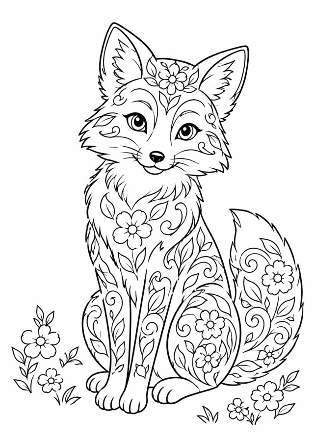 Ausmalbild: ein sitzender Fuchs, dessen Körper und buschiger Schwanz mit Blüten, Blättern und Spiralen verziert sind, vor seinen Pfoten wachsen Blumen