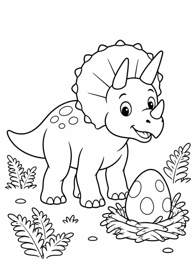 Ausmalbild: ein freundlicher Triceratops mit drei Hörnern und gezacktem Nackenschild steht neben einem Nest mit einem gepunkteten Ei, ringsum Farne