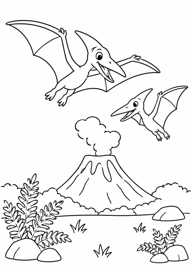 Ausmalbild: zwei freundliche Flugsaurier mit großen Flügeln fliegen über einen Vulkan mit Rauchwolke, unten Farne, Büsche und Steine