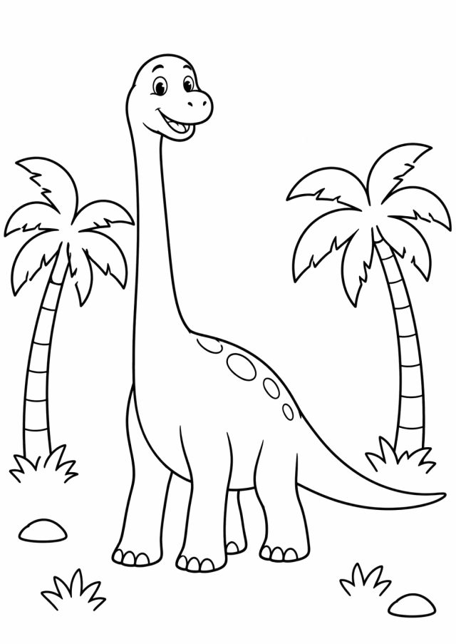 Ausmalbild: ein lachender Dinosaurier mit sehr langem Hals und langem Schwanz steht zwischen zwei Palmen, davor Steine und Gras