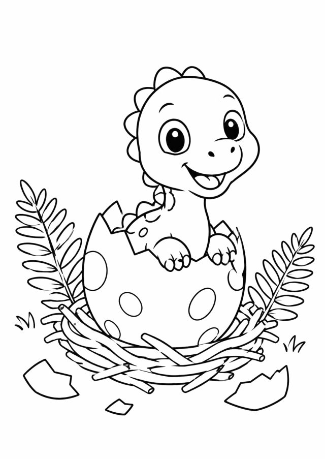Ausmalbild: ein lachendes Dinosaurierbaby schaut aus einem aufgebrochenen gepunkteten Ei in einem Nest aus Zweigen, daneben Farnblätter und Schalenstücke