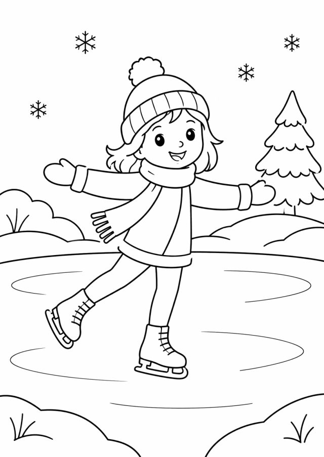 Ausmalbild: ein Mädchen mit Pudelmütze, Schal und Eislaufschuhen läuft mit ausgebreiteten Armen auf einem zugefrorenen Teich, am Ufer Schneehügel und eine Tanne