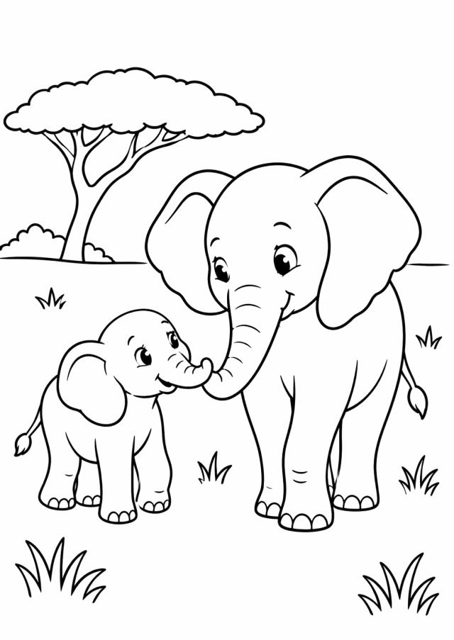 Ausmalbild: ein Elefantenbaby und ein großer Elefant berühren sich mit den Rüsseln, im Hintergrund ein Schirmbaum der Savanne und Gras