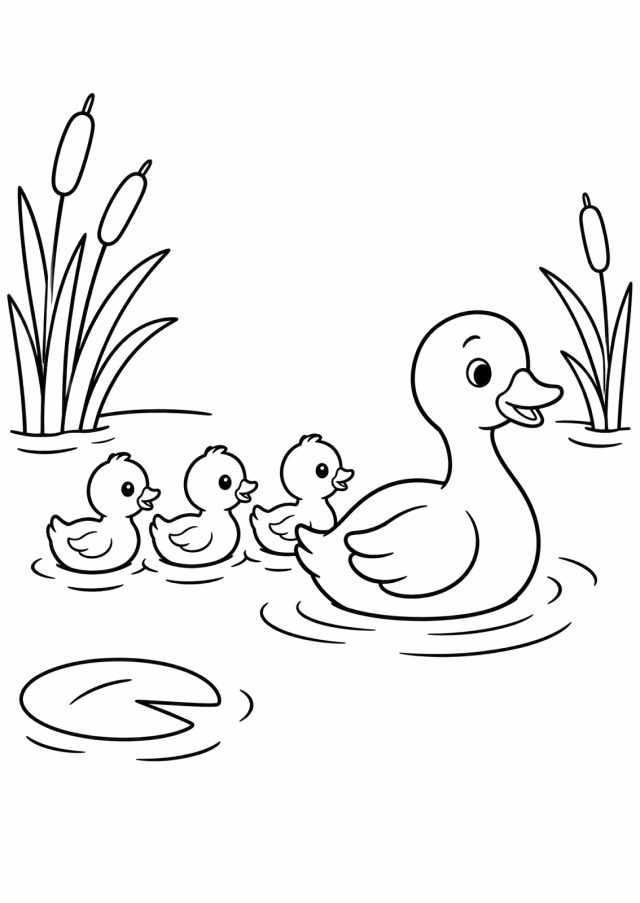 Ausmalbild: eine Entenmutter schwimmt auf einem Teich, dahinter drei Entlein in einer Reihe, am Ufer Rohrkolben und ein Seerosenblatt