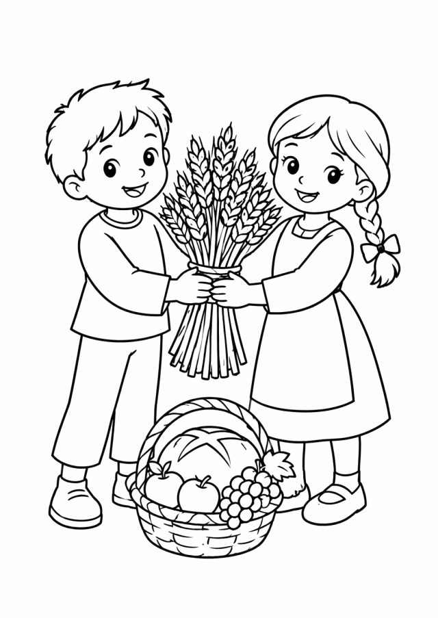 Ausmalbild: ein Bub und ein Mädchen mit Zopf halten gemeinsam eine gebundene Garbe aus Weizenähren, vor ihnen ein Korb mit einem runden Brotlaib, zwei Äpfeln und einer Weintraube