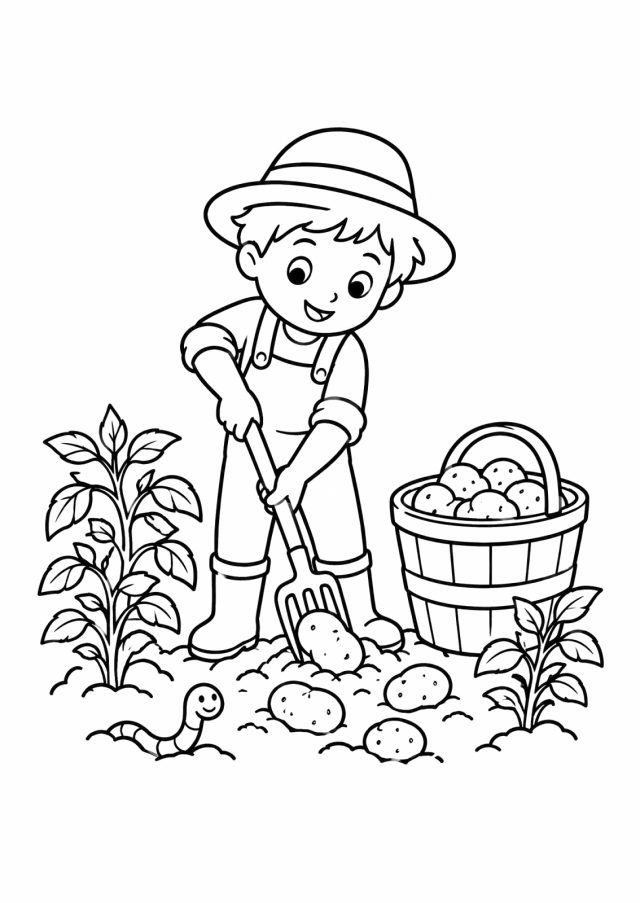 Ausmalbild: ein Bub mit Hut, Latzhose und Gummistiefeln gräbt mit einer Grabgabel Kartoffeln aus, daneben ein Holzkübel voller Kartoffeln, links und rechts Kartoffelpflanzen, vorne ein lächelnder Regenwurm