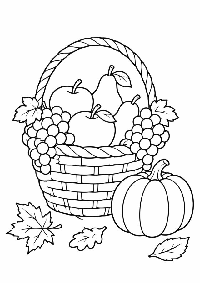 Ausmalbild: ein geflochtener Korb mit Henkel voller Äpfel, Birnen und Weintrauben mit Weinlaub, rechts daneben ein Kürbis, am Boden Herbstblätter