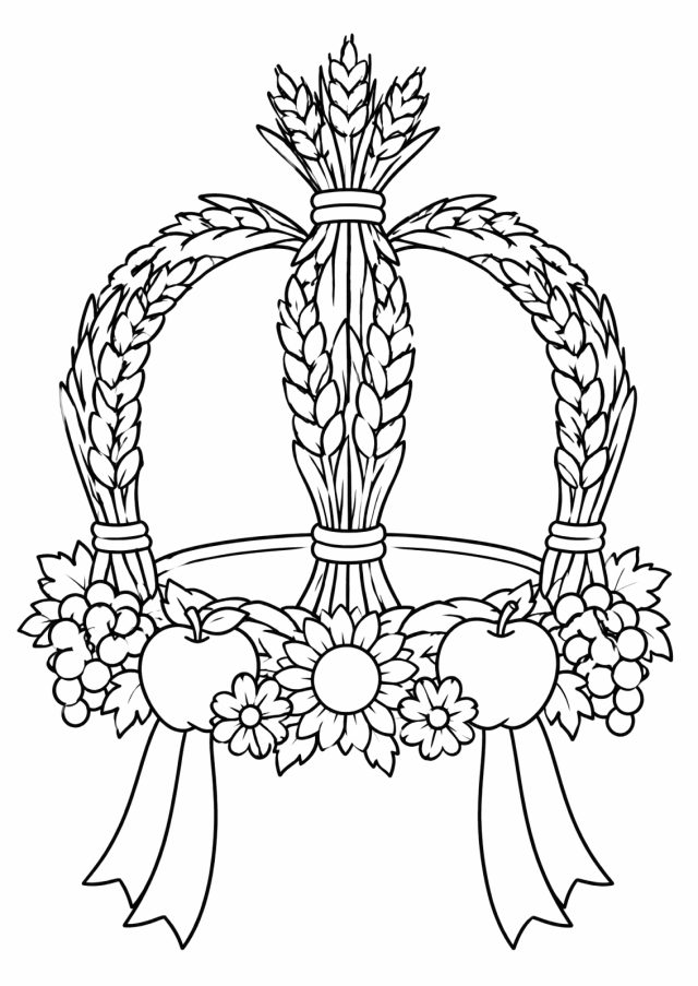 Ausmalbild: eine Krone aus gebundenen Getreideähren mit drei Bögen und einem Ährenbündel oben, unten ein Kranz aus Äpfeln, Weintrauben, Weinlaub und Blumen, an dem lange Bänder herabhängen