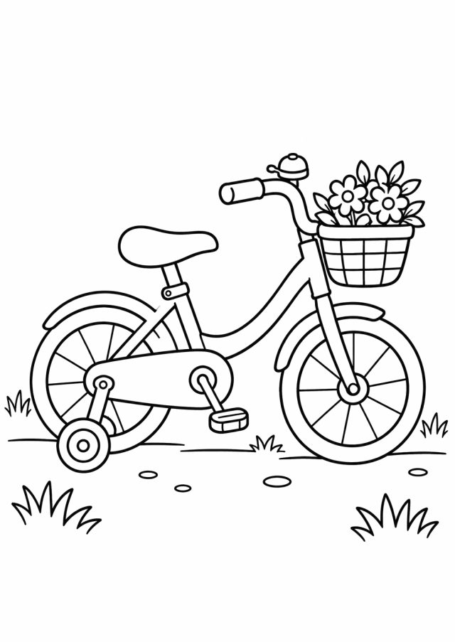 Ausmalbild: ein Kinderfahrrad von der Seite mit Klingel, Stützrad und einem Korb voller Blumen am Lenker, auf einem Weg mit Gras
