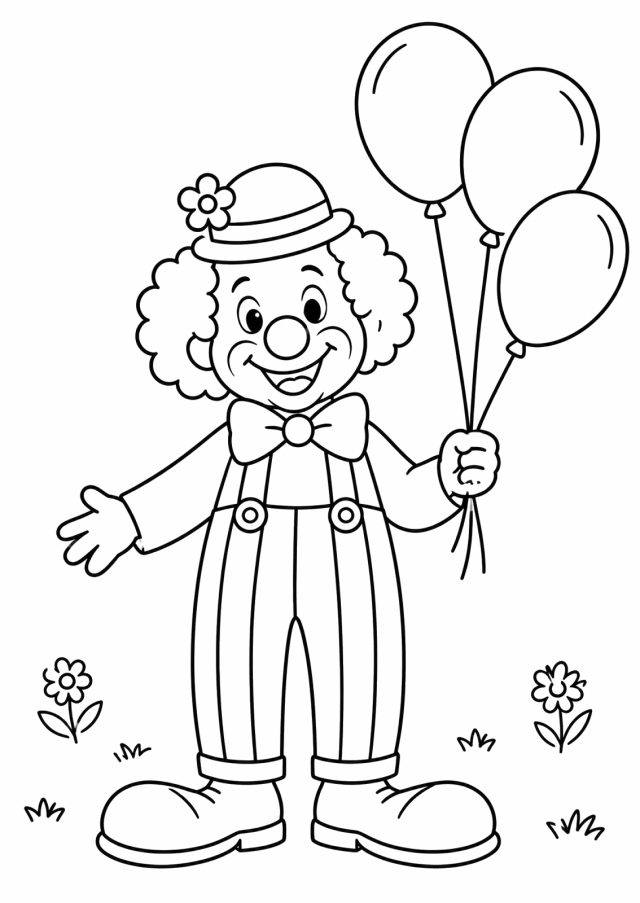 Ausmalbild: ein fröhlicher Clown mit Lockenhaar, kleinem Hut mit Blume, runder Nase, Fliege und gestreifter Latzhose hält drei Luftballons, unten zwei Blumen