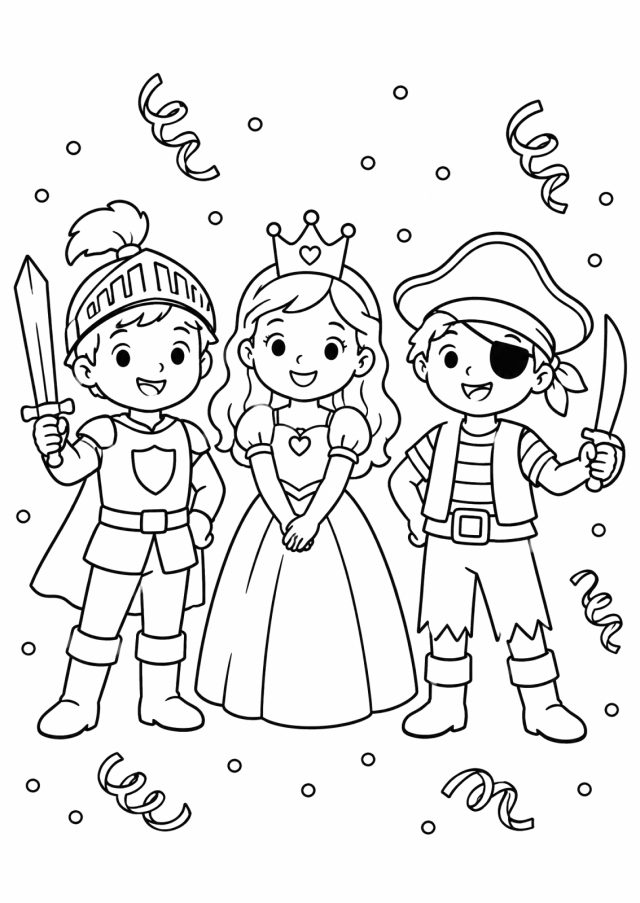 Ausmalbild: drei lachende Kinder im Faschingskostüm, links ein Ritter mit Helm und Holzschwert, in der Mitte eine Prinzessin mit Krone, rechts ein Pirat mit Hut und Augenklappe, rundherum Konfetti und Luftschlangen