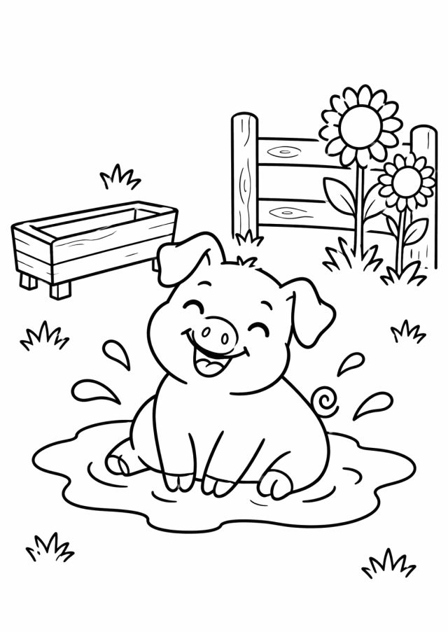 Ausmalbild: ein lachendes Schwein mit Ringelschwanz sitzt in einer Pfütze, ringsum Spritzer, dahinter ein Holztrog, ein Zaun und zwei Sonnenblumen