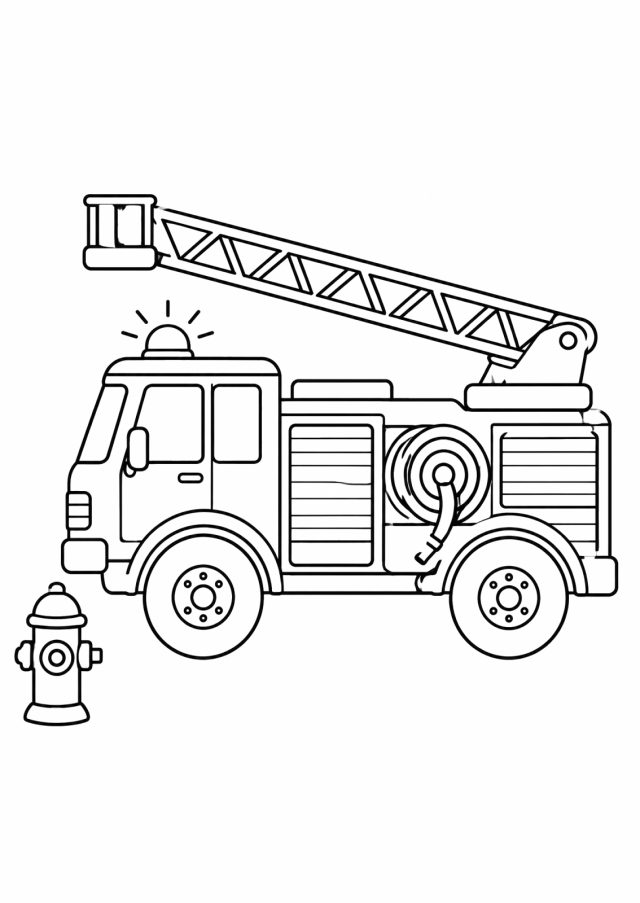 Ausmalbild: ein Feuerwehrauto mit Drehleiter, Blaulicht und Schlauchrolle von der Seite, davor ein Hydrant