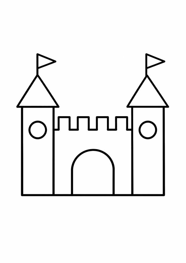 Ausmalbild: eine einfache Burg mit Zinnenmauer und rundem Torbogen, links und rechts je ein Turm mit Dreiecksdach, rundem Fenster und Fahne