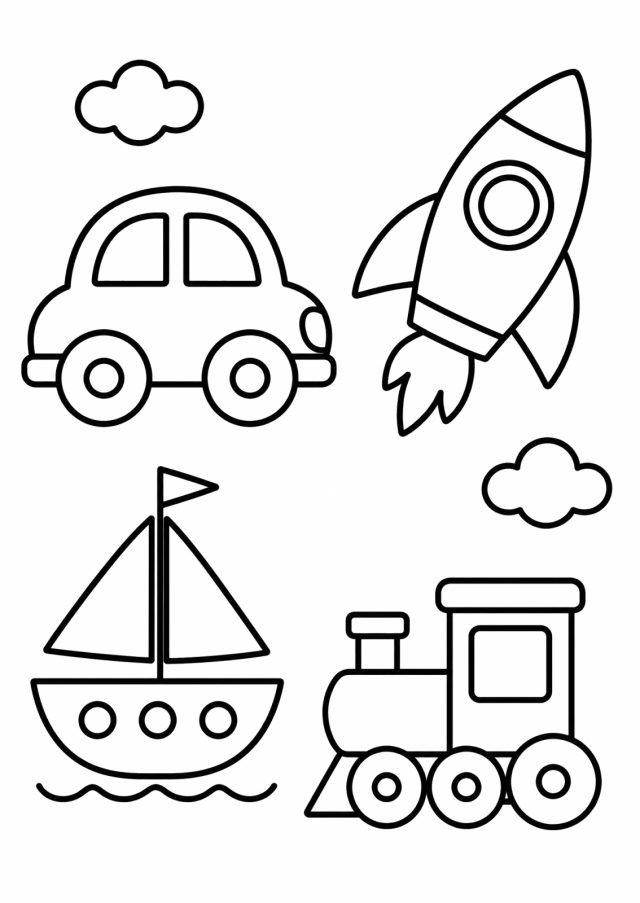 Ausmalbild: vier einfache Fahrzeuge mit dicken Linien, ein Auto mit zwei Rädern, eine Rakete mit Fenster und Flamme, ein Segelboot auf Wellen und eine Lok mit drei Rädern, dazu zwei Wolken