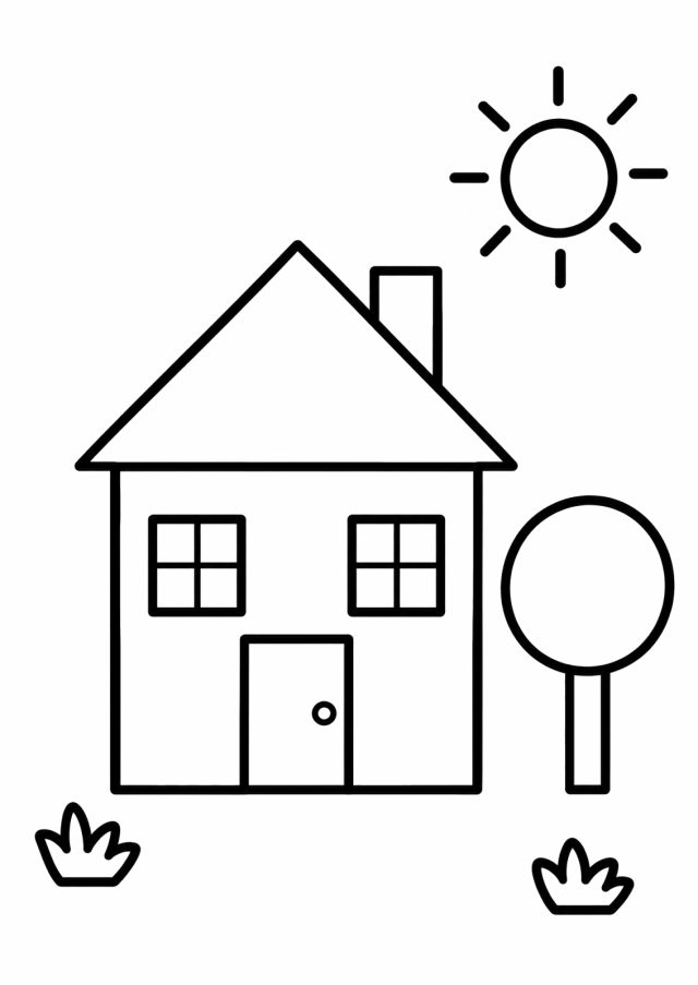 Ausmalbild: ein einfaches Haus aus einem Quadrat mit dreieckigem Dach, Rauchfang, zwei Fenstern mit Kreuz und rechteckiger Tür, rechts ein runder Baum, oben eine Sonne mit Strahlen, unten zwei Grasbüschel