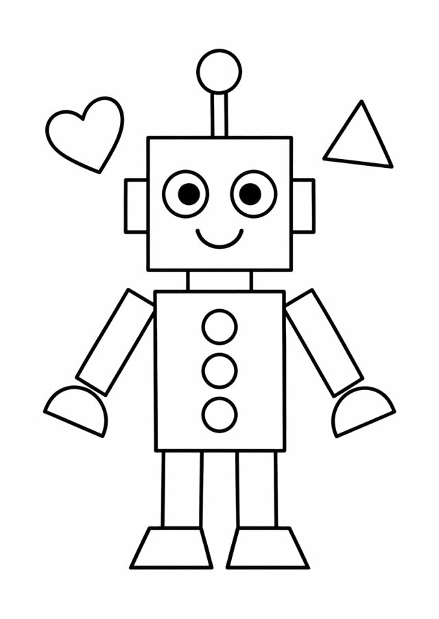 Ausmalbild: ein lächelnder Roboter aus Grundformen mit quadratischem Kopf, runden Augen, Antenne mit Kreis, rechteckigem Bauch mit drei Kreisknöpfen, Halbkreis-Händen und Trapez-Füßen, daneben ein Herz und ein Dreieck