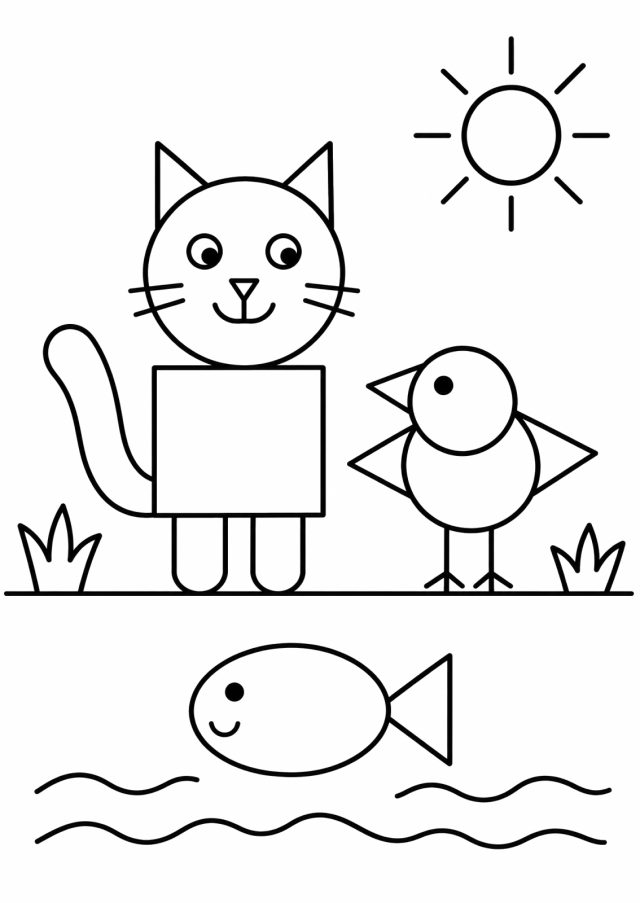 Ausmalbild: eine Katze aus Kreis, Dreiecken und Quadrat, ein Vogel aus Kreisen und Dreiecken auf einer Wiese, darunter ein Fisch aus Oval und Dreieck über Wellen, oben eine Sonne