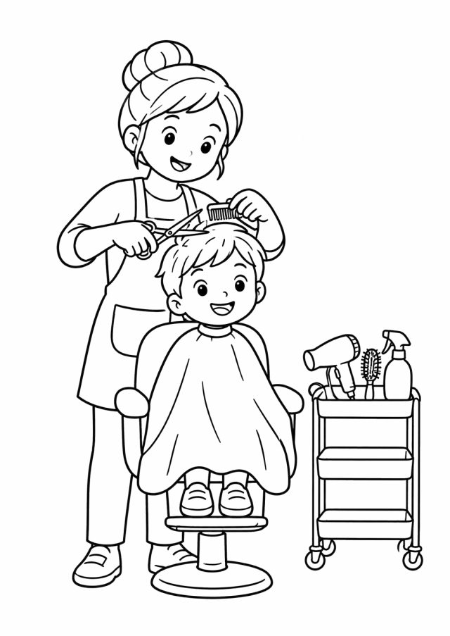 Ausmalbild: eine Friseurin mit Haarknoten und Schürze schneidet mit Schere und Kamm einem Buben auf einem Friseurstuhl die Haare, der Bub trägt einen Umhang, rechts ein Wagerl mit Föhn, Bürste und Sprühflasche