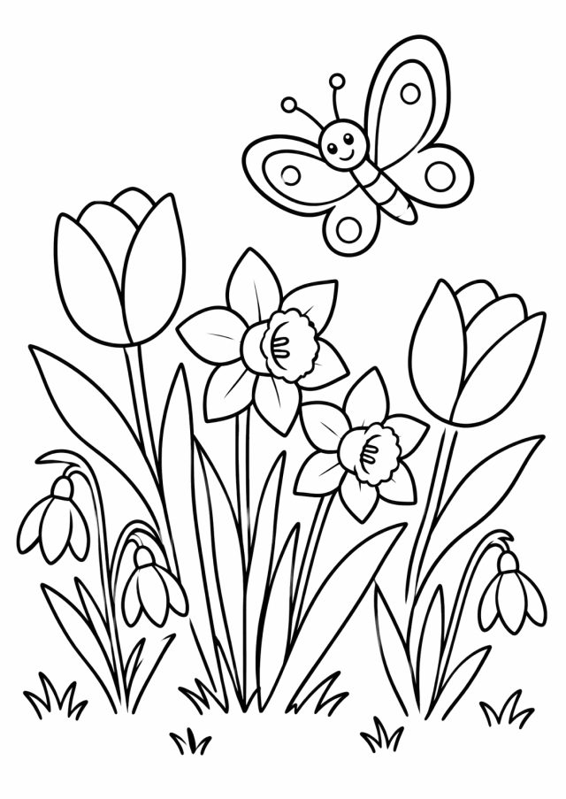 Ausmalbild: zwei Tulpen, zwei Narzissen und drei Schneeglöckchen mit langen Blättern wachsen aus der Wiese, oben rechts fliegt ein lachender Schmetterling