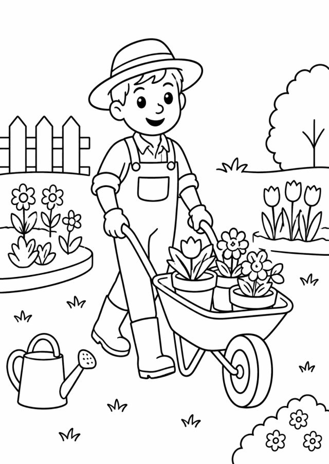 Ausmalbild: ein Gärtner mit Hut, Latzhose und Gummistiefeln schiebt eine Schubkarre mit drei Blumentöpfen durch den Garten, links ein Zaun und ein Blumenbeet, rechts Tulpen und ein Busch, vorne eine Gießkanne