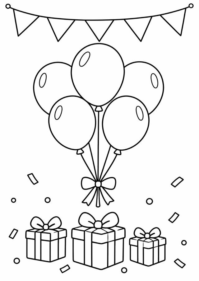 Ausmalbild: oben eine Wimpelkette, in der Mitte ein Bündel aus fünf Luftballons mit einer Schleife an den Schnüren, unten drei Geschenke mit Schleifen und Konfetti