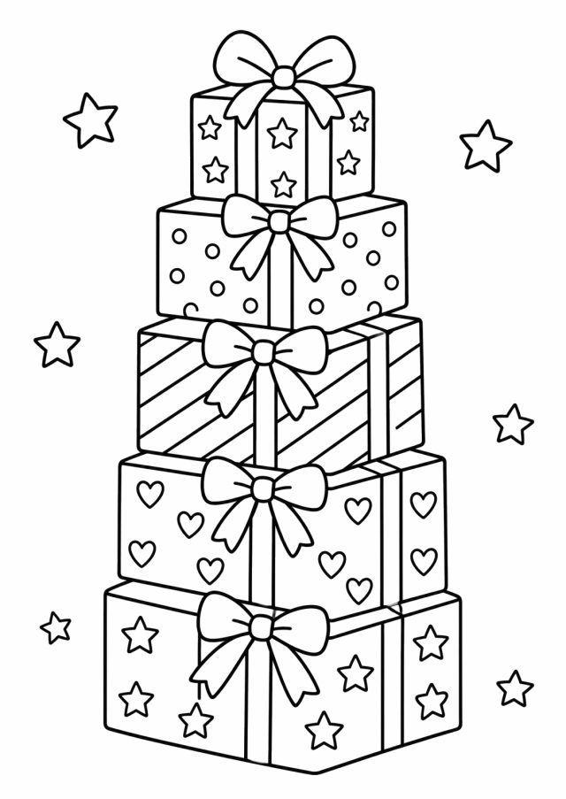 Ausmalbild: ein Turm aus fünf Geschenkpaketen mit Schleifen und Mustern aus Sternen, Punkten, Streifen und Herzen, ringsum Sterne